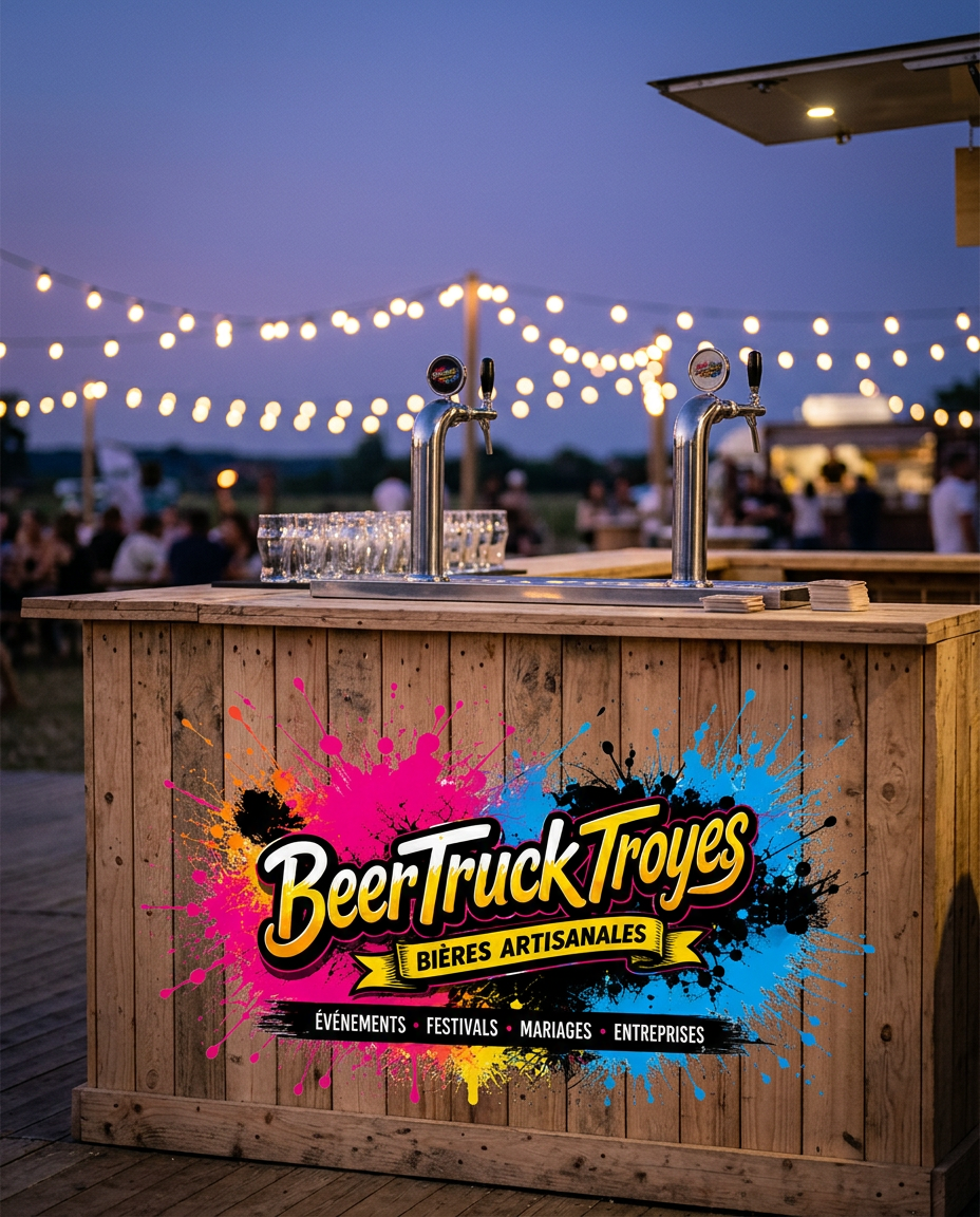 Comptoir bois habillé du logo Beer Truck Troyes devant le combi